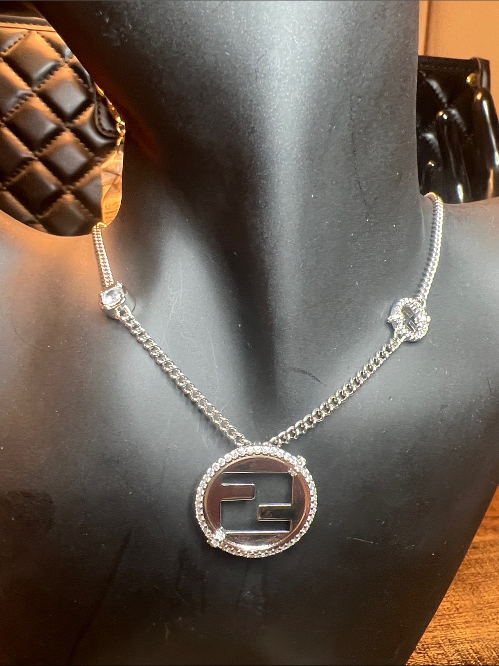 Designer-Inspired Silver Crystal Circle Logo Necklace